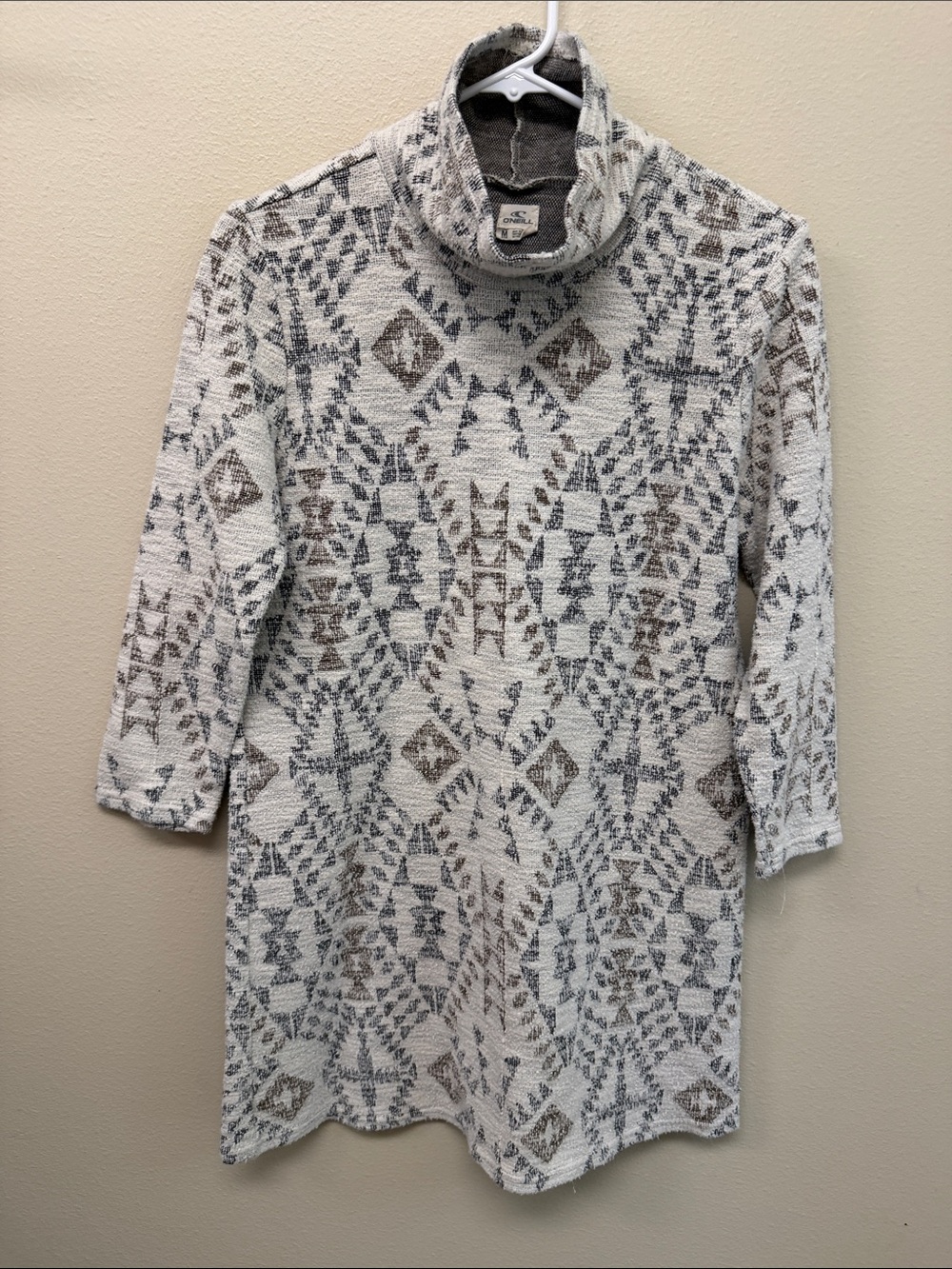 O'Neill Cream Turtleneck Sweater Dress with Gray & Brown Geometric Pattern